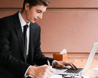 A lawyer reading transcription of legal proceedings. 