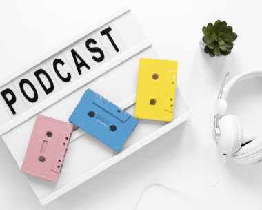 Podcast sign with headphones, representing media transcription services for podcasts, videos of various audio files.