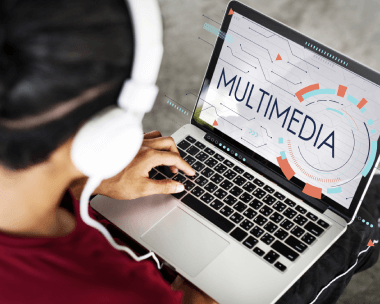Multimedia icons on a screen, represents expert media transcription services with all file formats and project requirements.