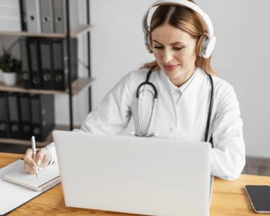 Doctor benefiting from French transcription services capturing clear clinical notes accurately despite background noise.